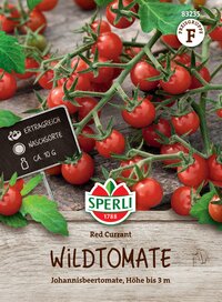 Rote Johannisbeertomaten auf Holz, mit grünen Blättern, Anbauregion und Produktdetails.