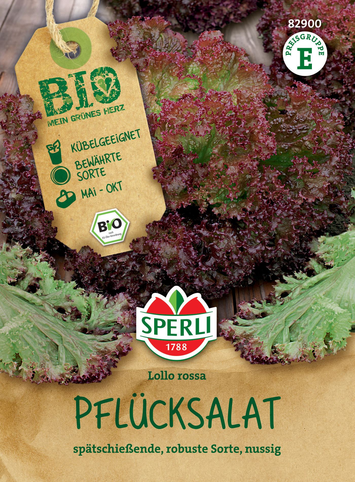 Rotloffene Pflücksalat mit roten und grünen Blättern, etikettiert von Sperli, Bio-Qualität, erntebereit Mai bis Oktober.