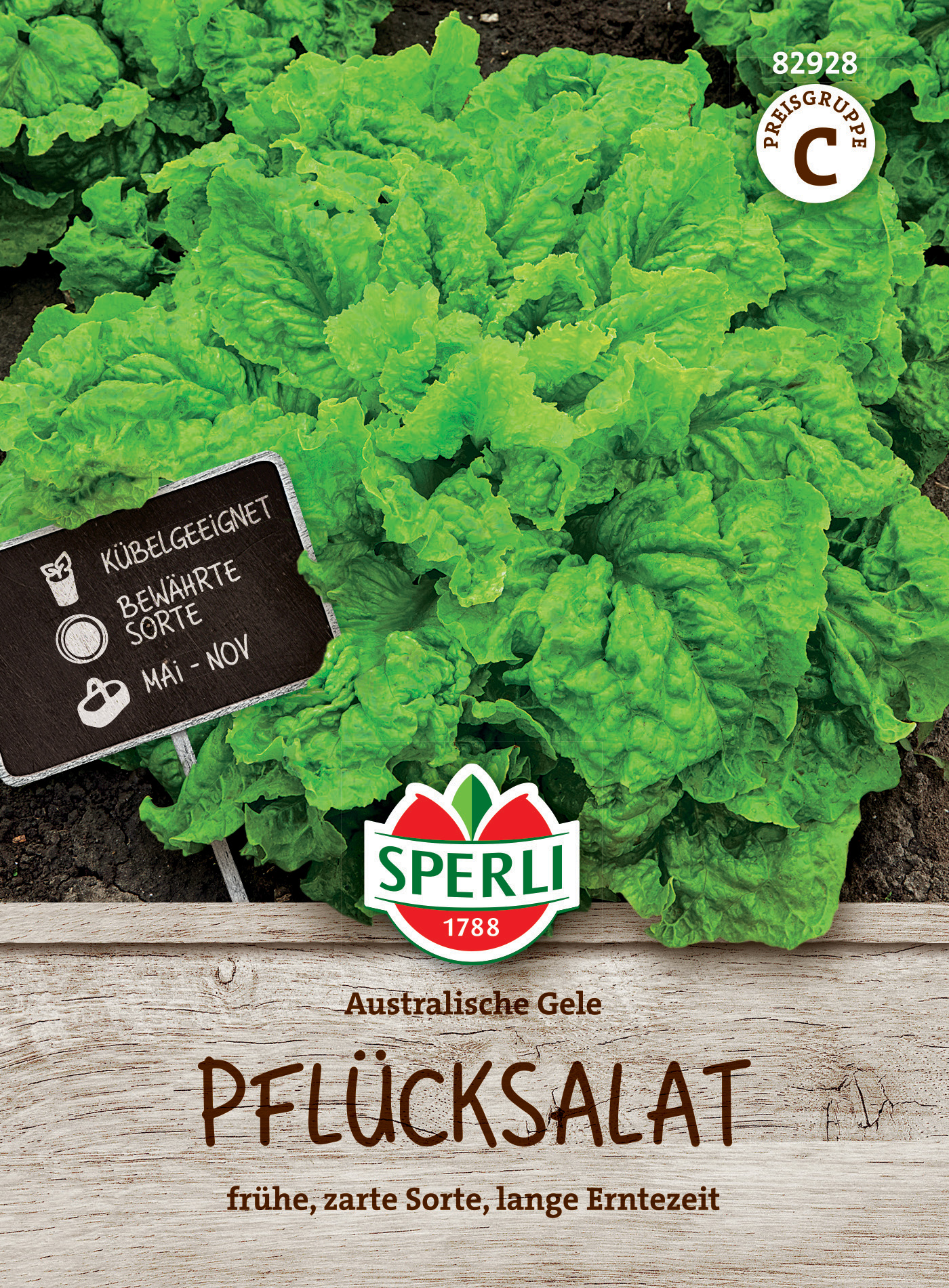 Australische Pflücksalat, frühe zarte Sorte, lange Erntezeit, auf Böden mit Erde, geeignet für Kübel, bewährte Sorte.