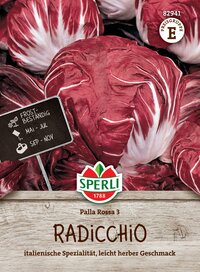 Radicchio, rote Blattköpfe, auf Holzuntergrund, italienische Spezialität, mit Preisschild.