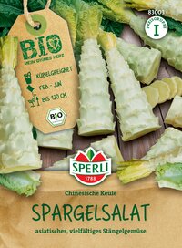 Chinesische Spargelsalat mit Chinakohl und asiatischem Geschmack, Bio-Qualität, bis 120 cm hoch, Februar bis Juni.