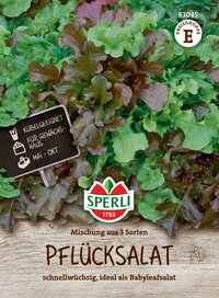 Bunte Pflücksalat-Mischung aus drei Sorten auf Holzuntergrund, mit Schild und Logo zu sehen.