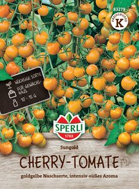 Goldgelbe Cherry-Tomaten an Pflanzen, Verpackung mit Marke Sperli, Produktname Sungold.