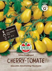 Gelbe Cherry-Tomaten mit grünem Stiel auf Holzuntergrund, Verpackung.