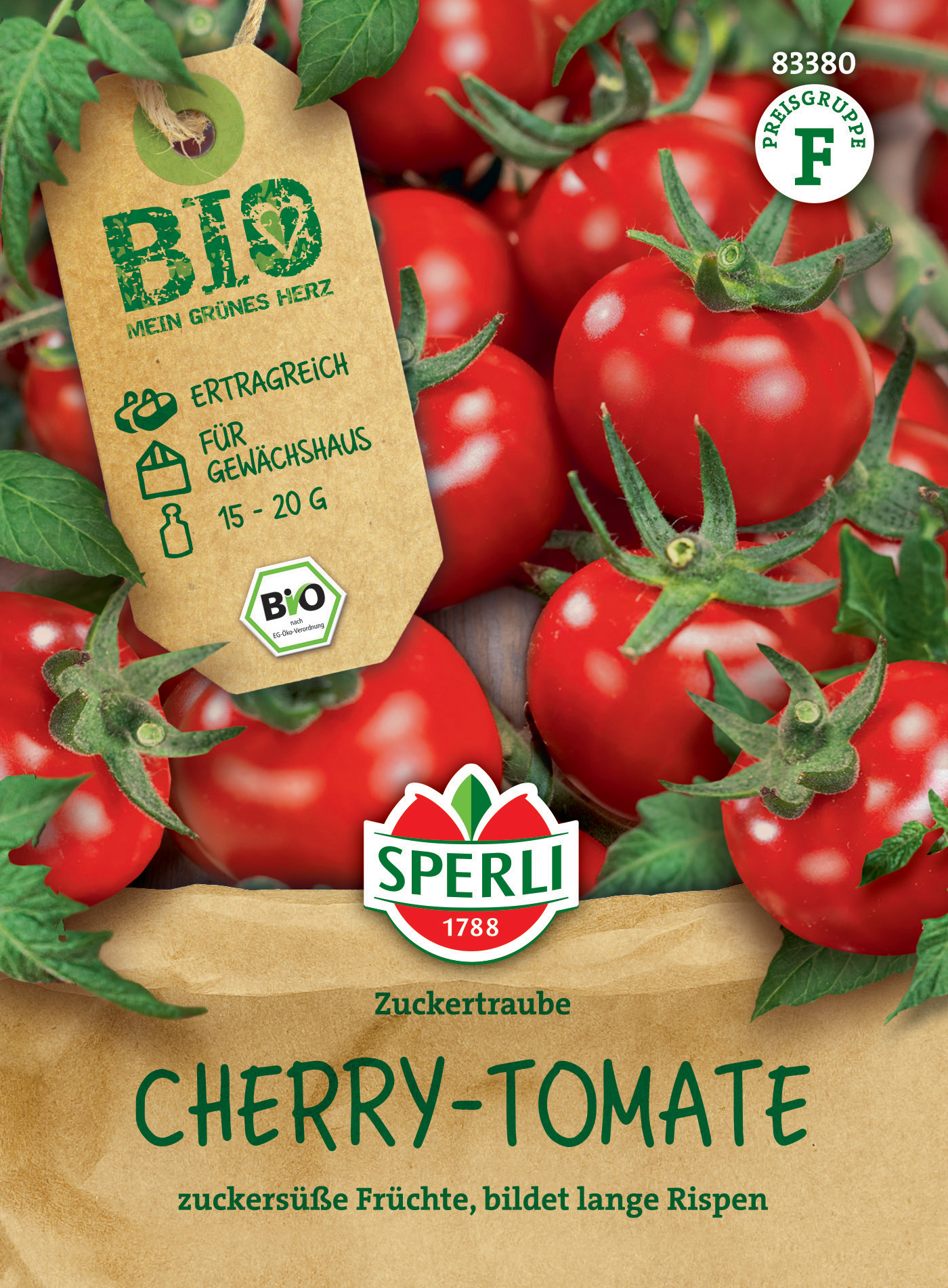 Rote Cherry-Tomaten auf Zweigen mit grünen Blättern, Verpackung mit Label, Logo und Text.