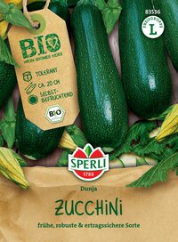 Zucchini, grüne, ca. 20 cm, robust, selbstbefruchtend, tolerant, Bio, Marke Sperli.