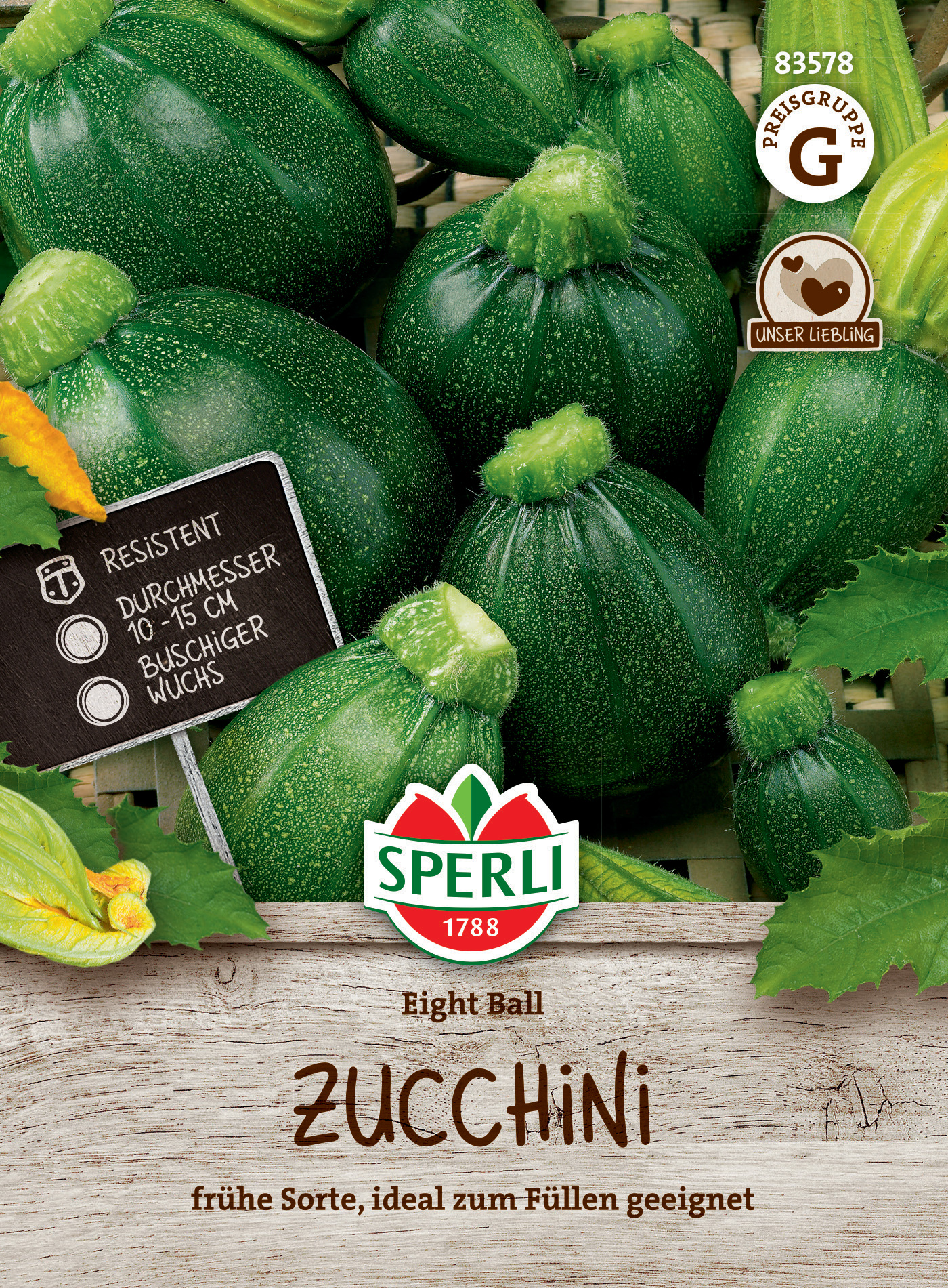 Zucchini, frühe Sorte, ideal zum Füllen, resistent, 10-15 cm Durchmesser, buschiger Wuchs.