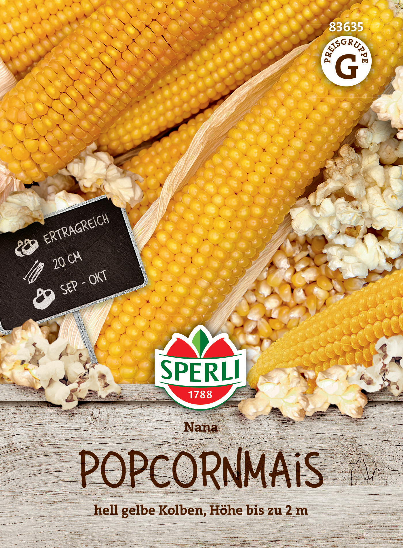 Gelbe Popcornmais Kolben, mit Popcorn drumherum, auf Holzoptik, Marke Sperli, Höhe bis 2 m.