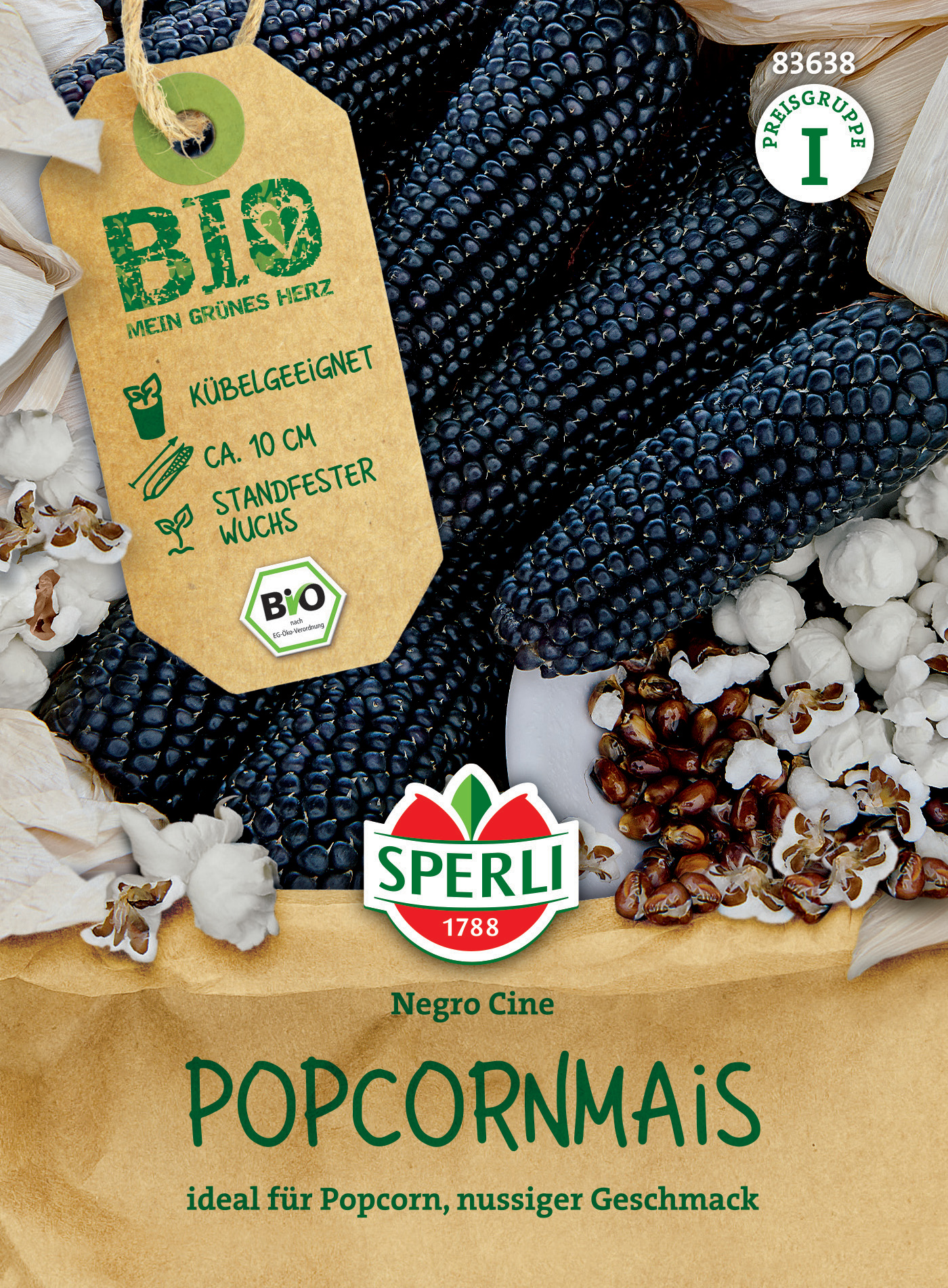 Schwarzes Popcorn in Tüte mit Maiskolben, Popcorn und Etikett, Produktname Popcorn Mais, Marke Sperli.