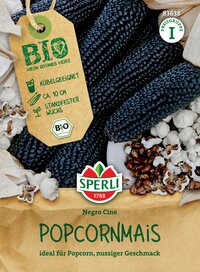 Schwarzes Popcorn in Tüte mit Maiskolben, Popcorn und Etikett, Produktname Popcorn Mais, Marke Sperli.