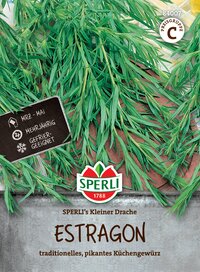 Kräuterstrauch mit grünen Estragonblättern und einem Kräuteretikett, darunter die Produktbeschreibung.