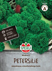 Petersilie Moskrul 2, schnittverträgliche, kübelgeeignete, zweijährige Pflanze, grüne, lockige Blätter auf Display