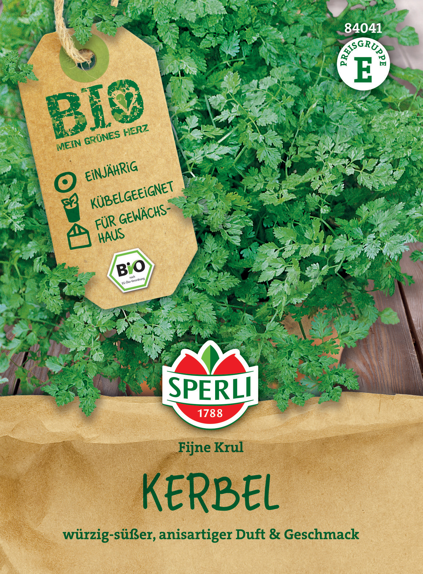 Frischer Kerbel auf Holztisch mit grünem Pflanzenspiegel, Label und Beutel mit Küchenkräuter.