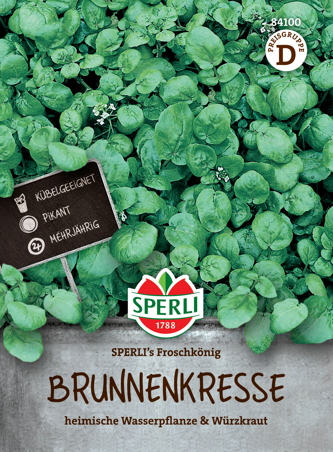 Brunnenschmalz mit Wasserpflanze und Würzkraut auf einem Beet aus grünen Blättern.