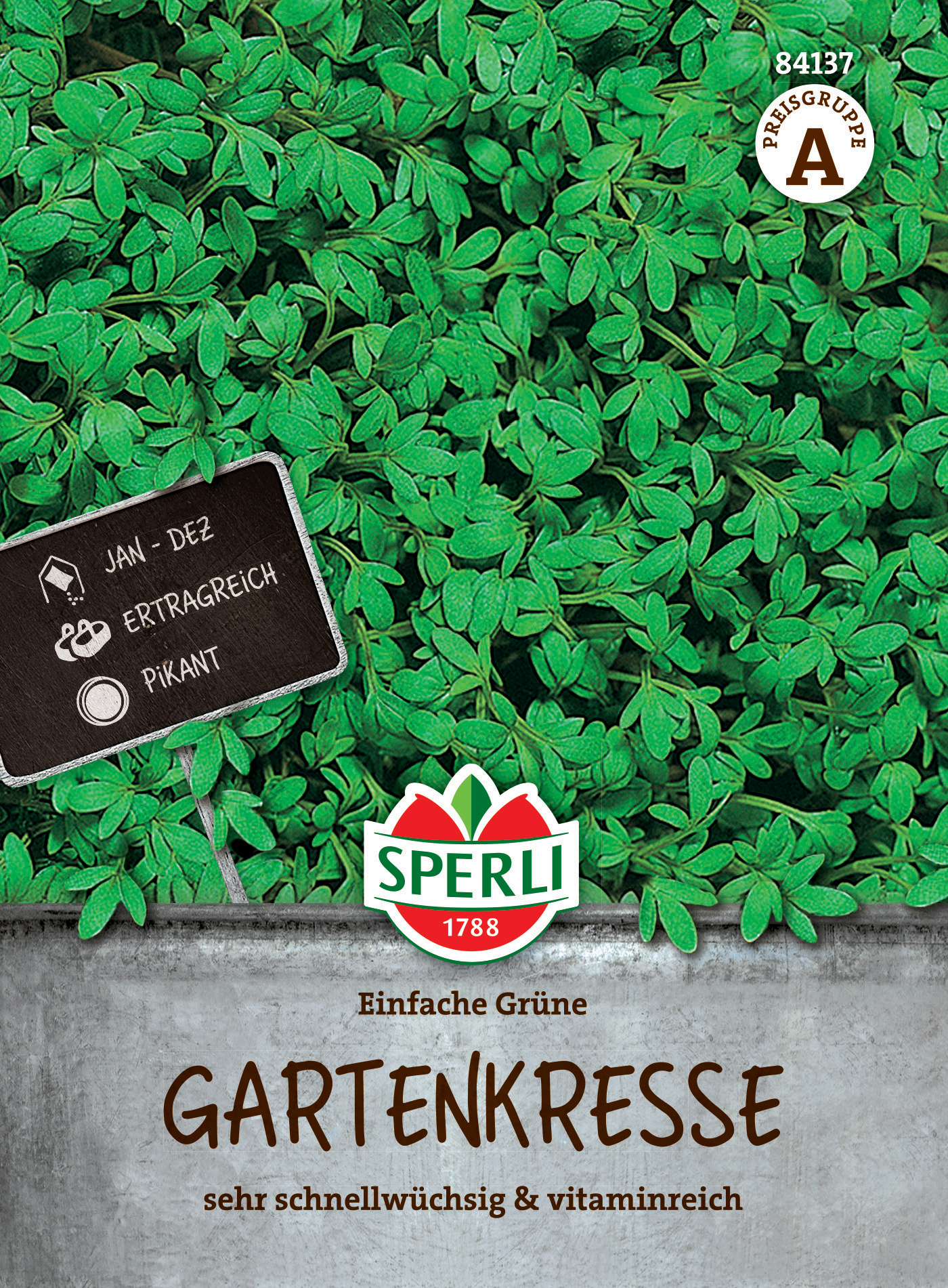 Gründliche Gartenkresse mit vielen Blättern, im Topf, auf Pflanze mit Gärtnerschild, gelblich-grünen Blättern.