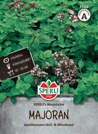 Majoran wächst in einem Topf mit grünen Blättern und rosa Blüten auf einem Kräuterbeet.
