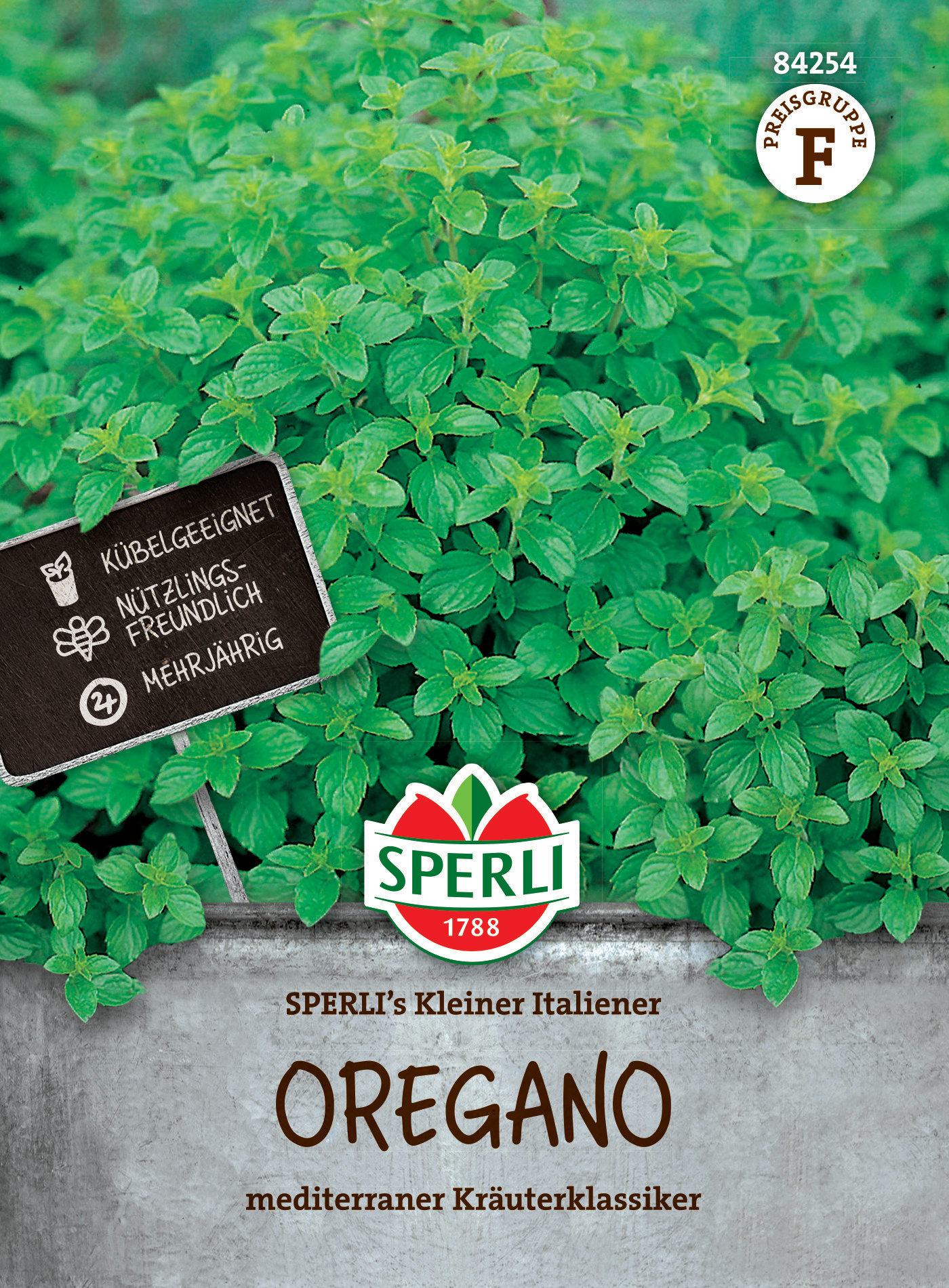 Grüner Oregano-Strauch mit schwarzem Etikett, das Nutzungsfreundlichkeit, Mehrjährigkeit und Eignung für Kübel zeigt.
