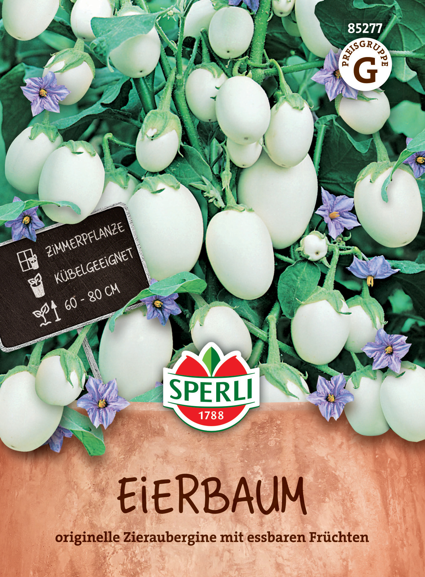 Weiße, längliche Eier an einer Pflanze mit lila Blüten, Verpackung für Eierbaum von Sperli.