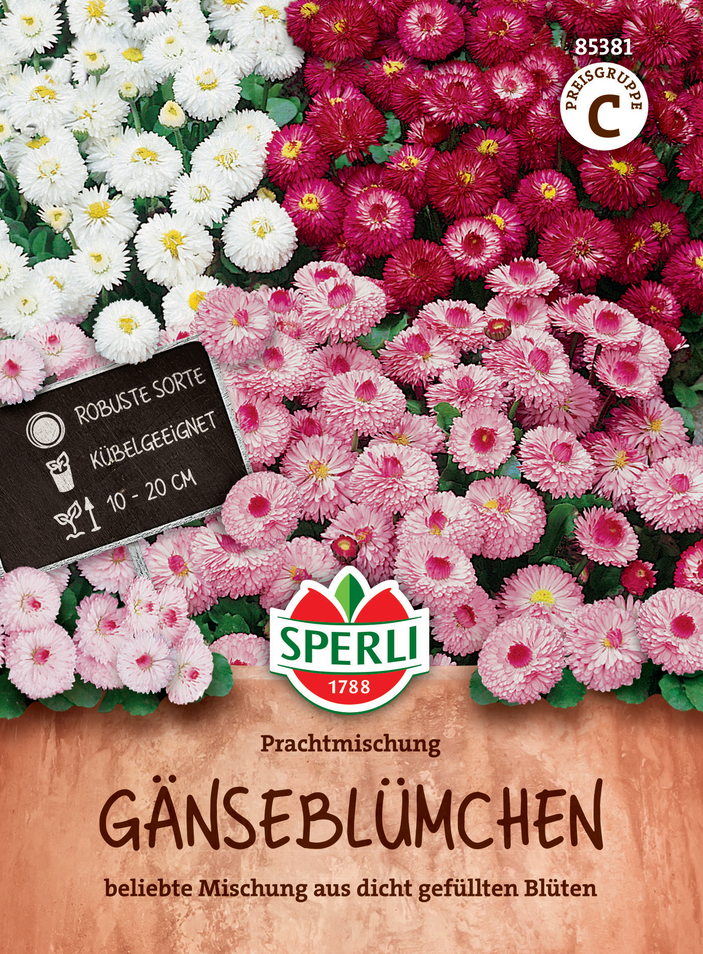 Bunte Gänseblümchen in Rosa, Weiß und Dunkelpink, auf einem Pflanzensäckchen mit Produktinformationen.