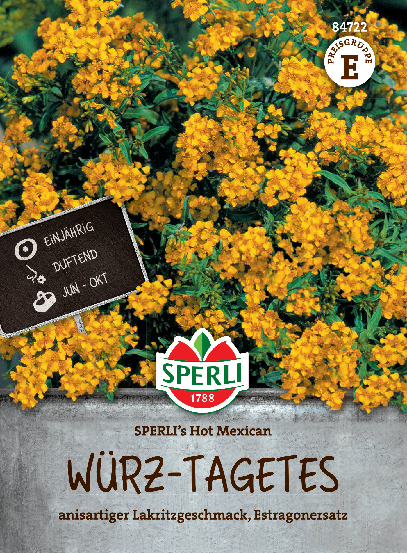 Gelbes Blüten, Rosenlogo, Text zu Würz-Tages, mit Saison- und Haltbarkeitsangaben.