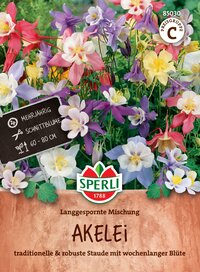 Bunte Ackerkaleblumen im Blumenbeet mit Schild, das Pflegehinweise und Marke zeigt.