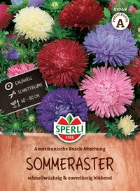 Bunte Sommerblumen in einem Blumenbeet mit Schild und Logo, Text auf braunem Hintergrund.