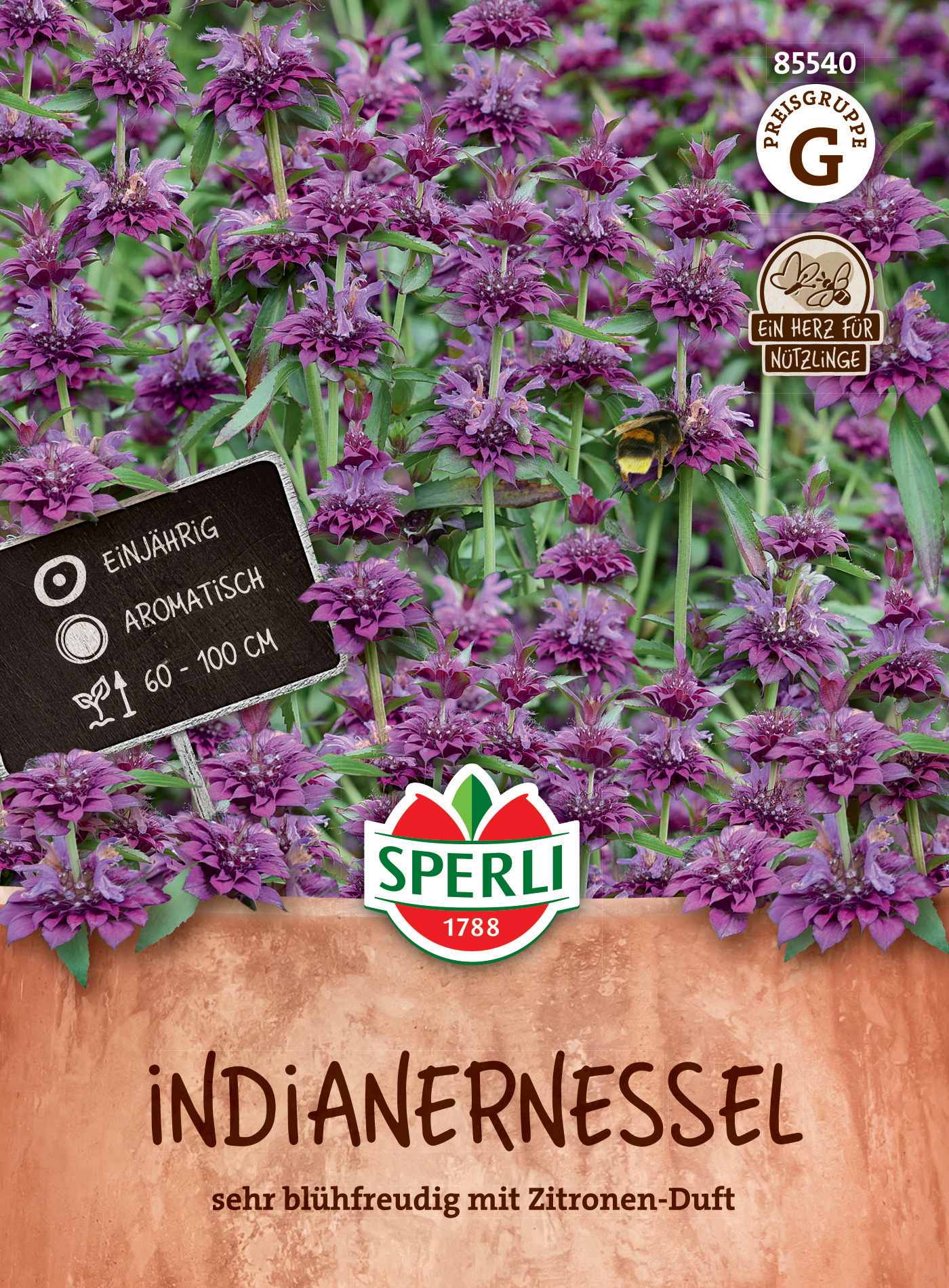 Bunte indische rezensionen mit lila blüten im topf, biene fliegt, etiketten, pflegetipps und logo.