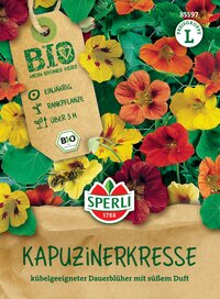 Bunter Kapuzinerkresse mit großen Blättern, in Farbe und auf der Verpackung.