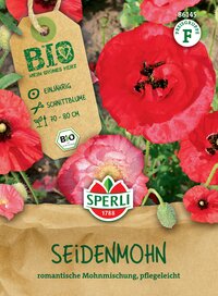 Rot blühende Mohnblumen mit grünen Stängeln und Blättern, auf Gartenerde.