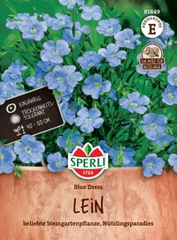 Blauer Lein mit blauen Blüten und grünen Blättern, auf Terrakottaschale, gelbes Hintergrunde, Marken- und Produktname.