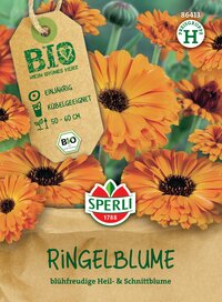 Orange Ringelblumen mit dunklem Zentrum vor grünem Hintergrund, Verpackung mit Pflanzendekor und Label.