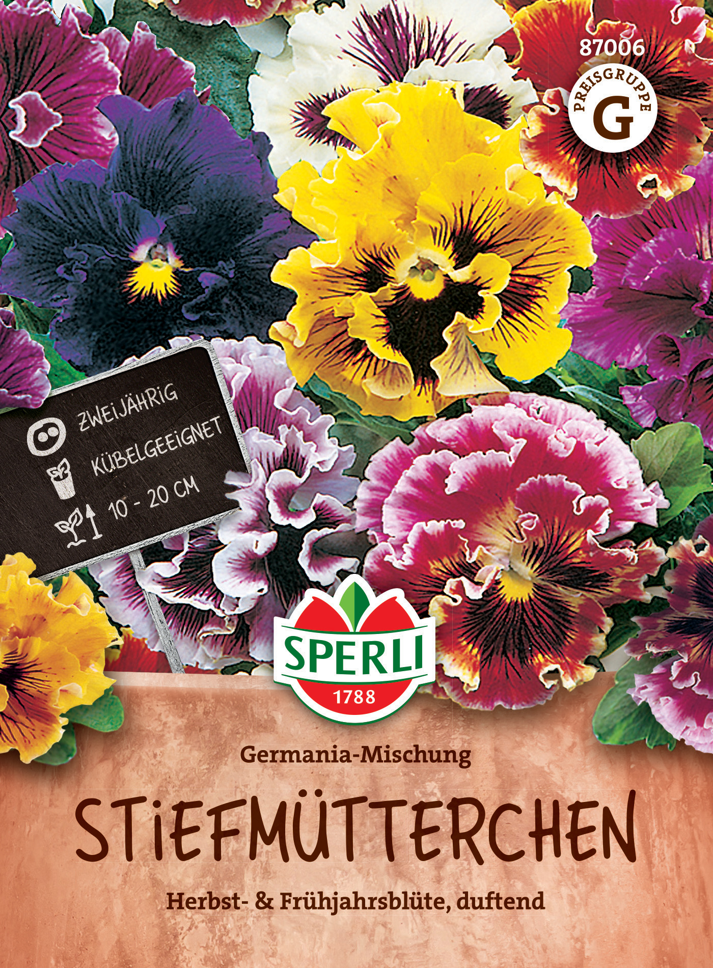 Bunte Stiefmütterchen mit gelben, rosa, violetten und roten Blüten auf Pflanzensäckchen im Bild.