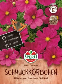 Pinke Blumen mit Schmetterling, Pflanze, Text mit Pflanzinformationen und Produktname Schmuckkörbchen