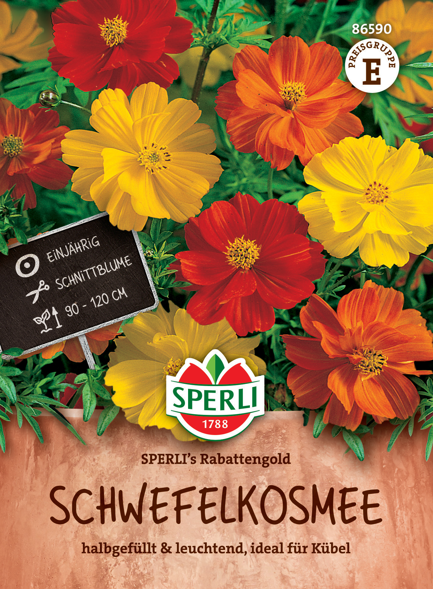 Bunte Blumen mit Rot, Orange und Gelb, daneben Schwarzes Etikett mit Pflegehinweisen und Logo im unteren Bereich.
