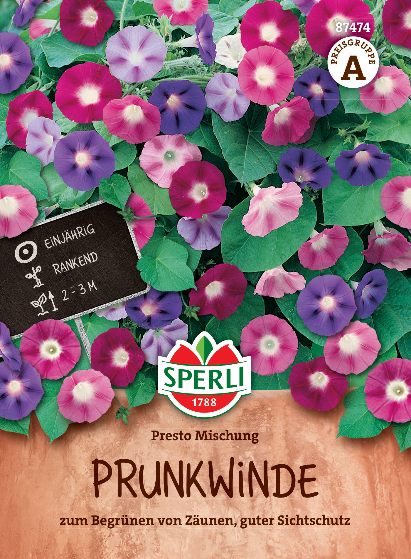 Bunter Prunkwinden-Blumenmix mit grünen Blättern, auf Verpackung mit Logo, Schild und Texten.