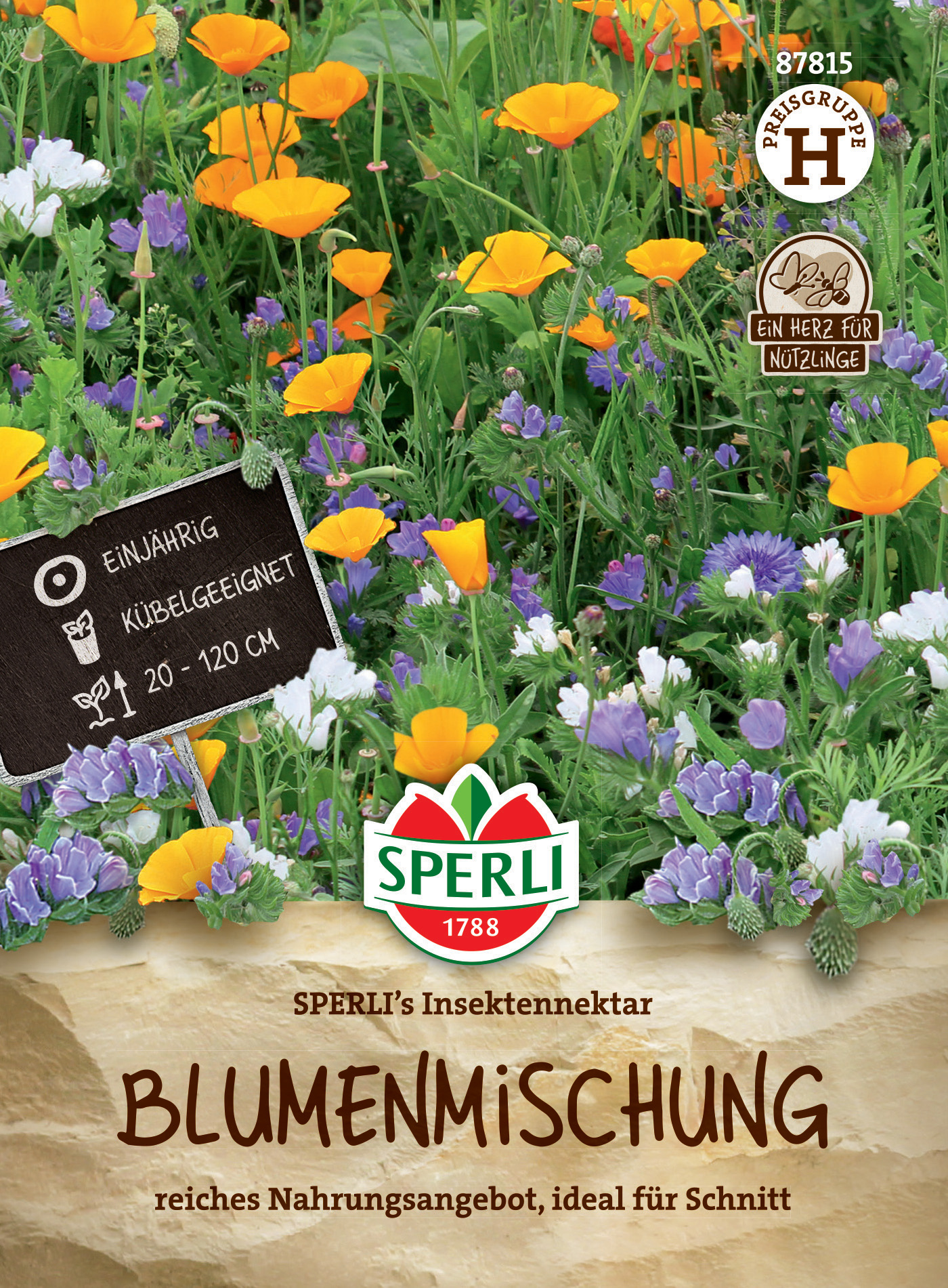 Bunter Blumenmix mit Mohn, Glockenblumen und weiteren Blumen, für Beet und Topf, bienen- und Insektenfreundlich.