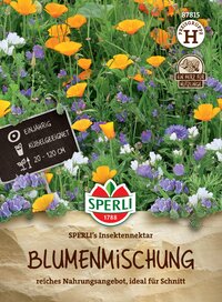 Bunter Blumenmix mit Mohn, Glockenblumen und weiteren Blumen, für Beet und Topf, bienen- und Insektenfreundlich.