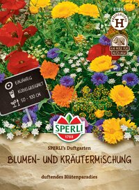 Bunte Blumen- und Kräutermischung in einem Gartenpark, mit Schild, Pflanze, Blüten, Logo und Text.