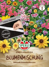 Bunte Blumen mit auffangender Schneckenbarriere und 5 Meter Saatband im Garten.