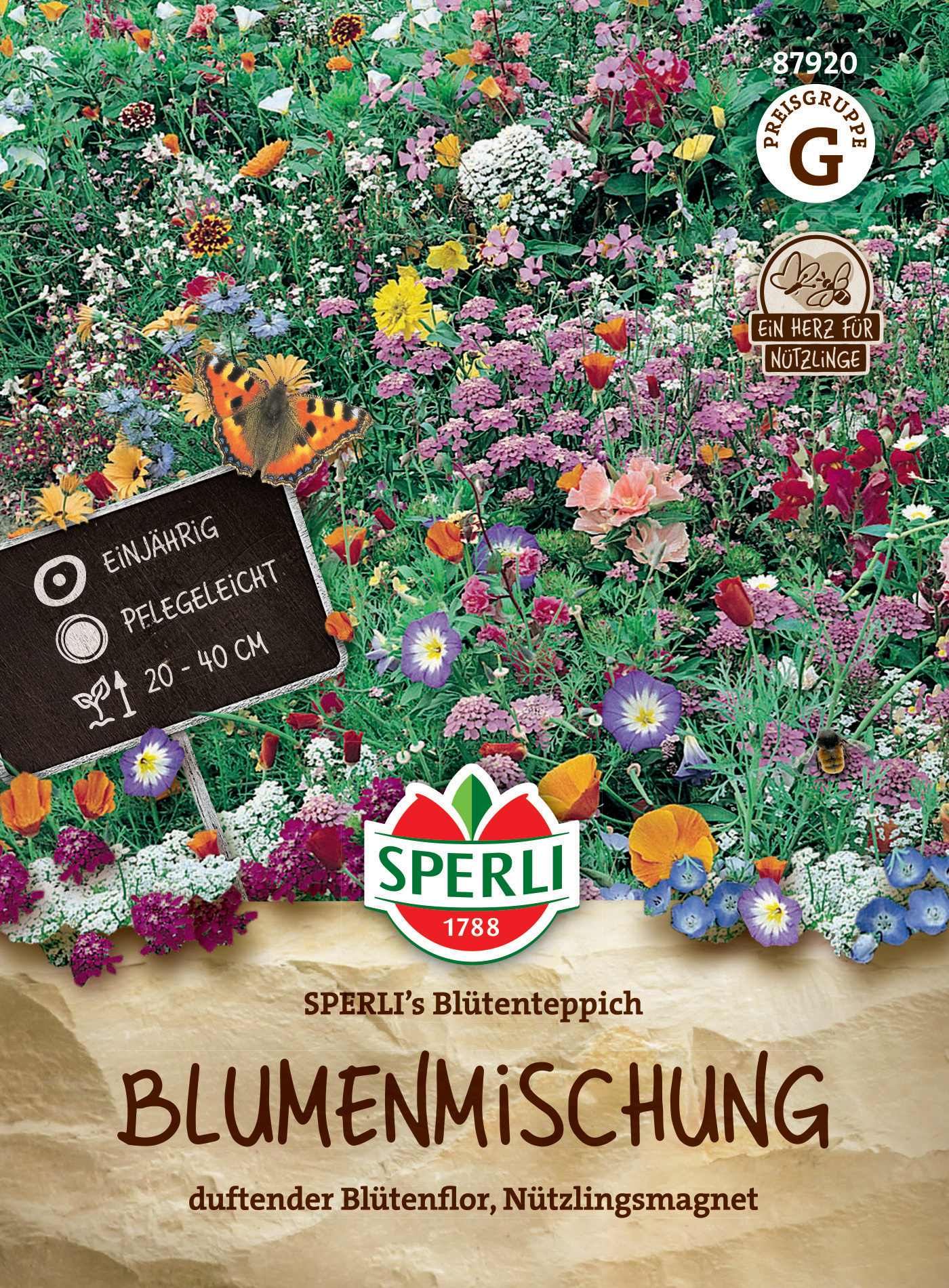 Bunte Blumenwiese mit verschiedenen Blüten und Insekten, orange und violette Blumen, grünes Gras.