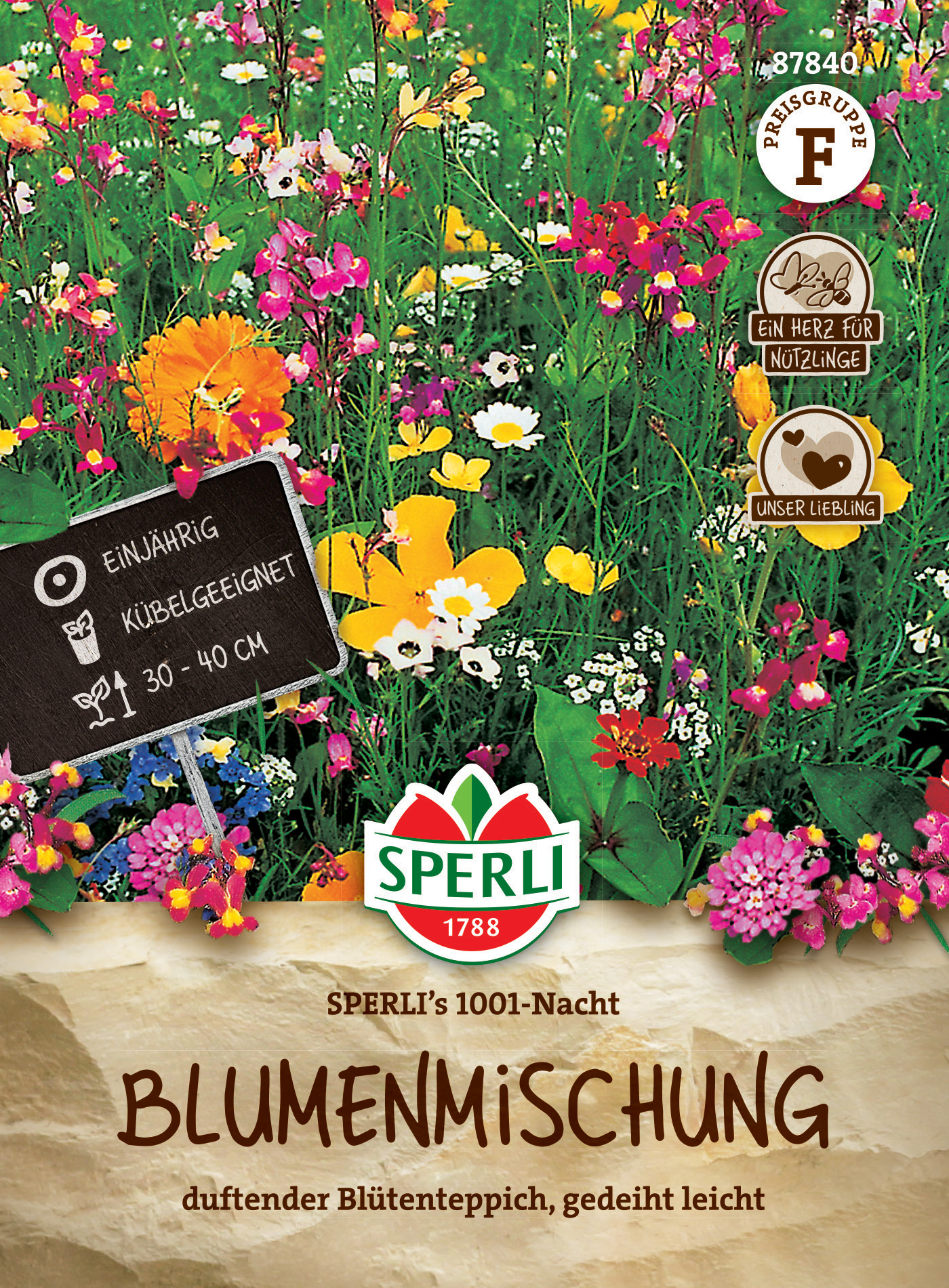 Bunte Blumenmischung für Beet, 30-40 cm hoch, bienen- und schmetterlingsfreundlich, einjährig.