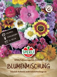 Bunte Blumenmischung mit verschiedenen Blüten, inklusive Biene, für Beet oder Topf. Ca. 100 cm hoch.