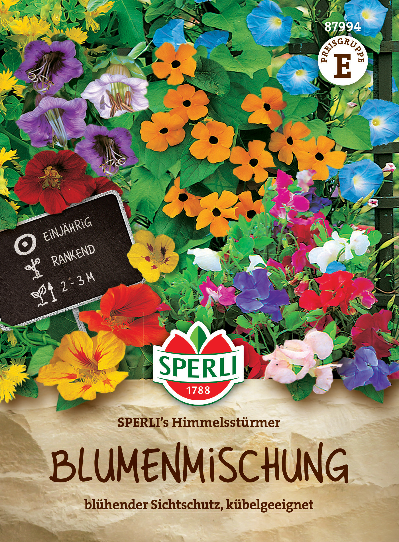 Bunte Blumenmischung mit Sichtschutz, kügelgeeignet, einjährig, rankend, 2-3 Meter.