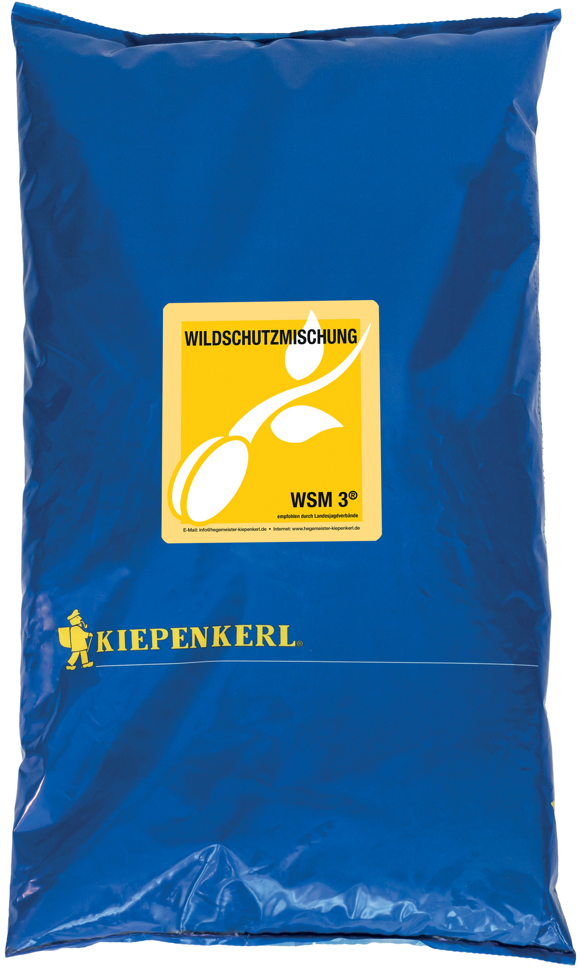 Blauer Beutel mit gelbem Etikett und Kiepenkerl Logo für Wildschutzmittel Kiepenkerl.