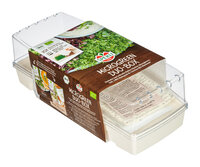 Mikrogarten Duo-Box mit zwei Bio-Kräutertöpfen und Saatgut in transparentem und weißem Kunststoff.
