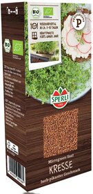Kresse Microgreen-Saat herb-bikantiger Geschmack, Verpackung, Marke Sperli, europäische Bio-Qualität.
