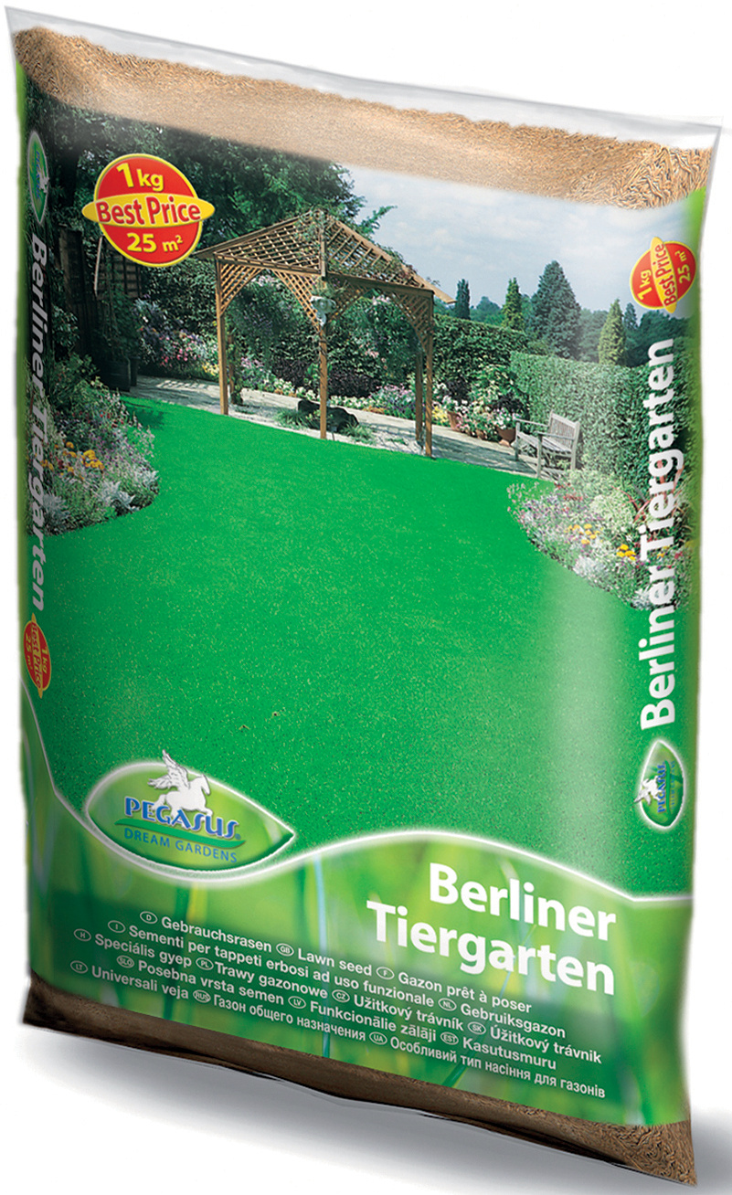 Vermarktungsbild mit Rasen- und Gartenelementen, Produktname Berliner Tiergarten, 1 kg, 25 m² Fläche