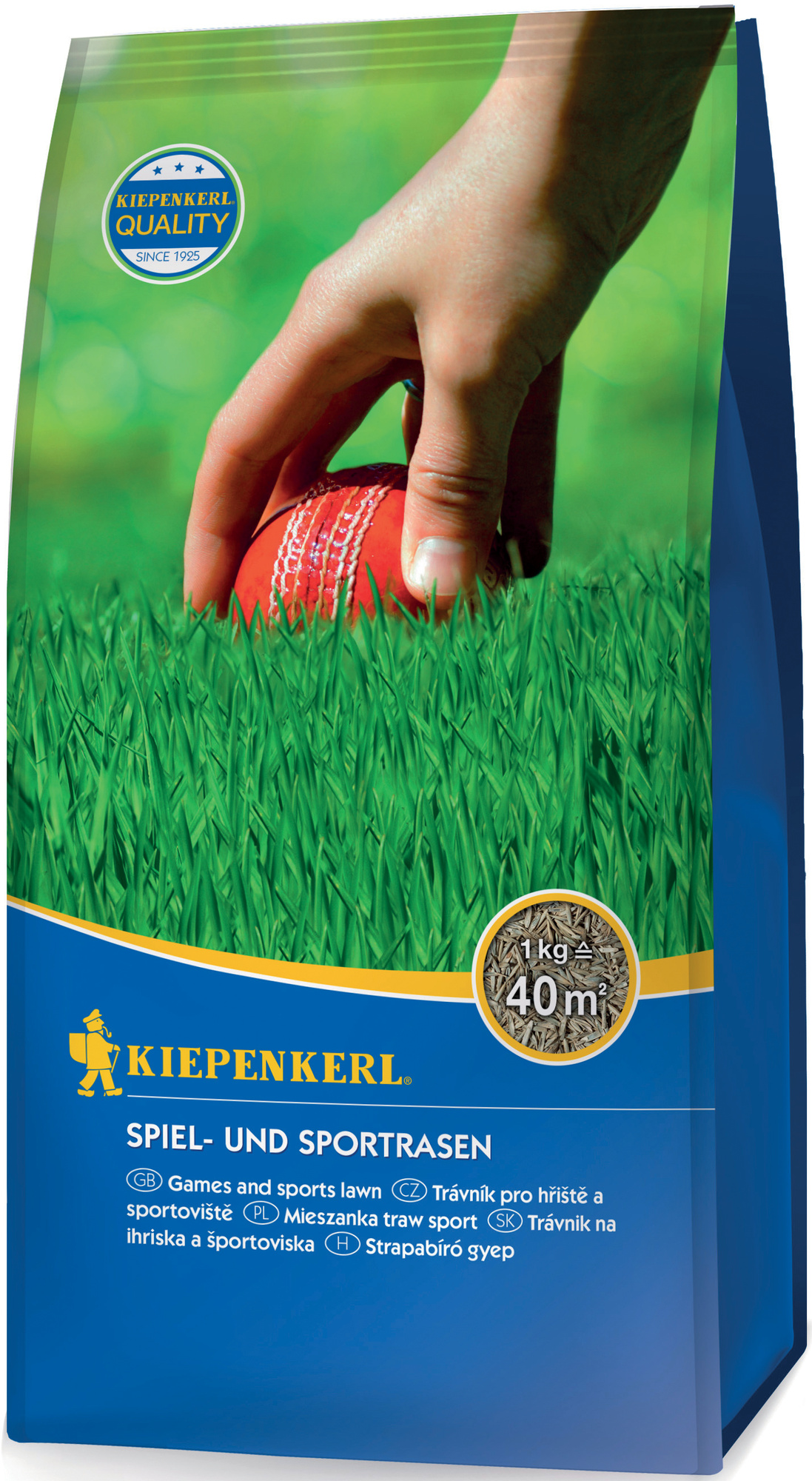 Hand legt roten Golfball auf grüne Rasenkante, Kiepenkerl Spiel- und Sportrasen.