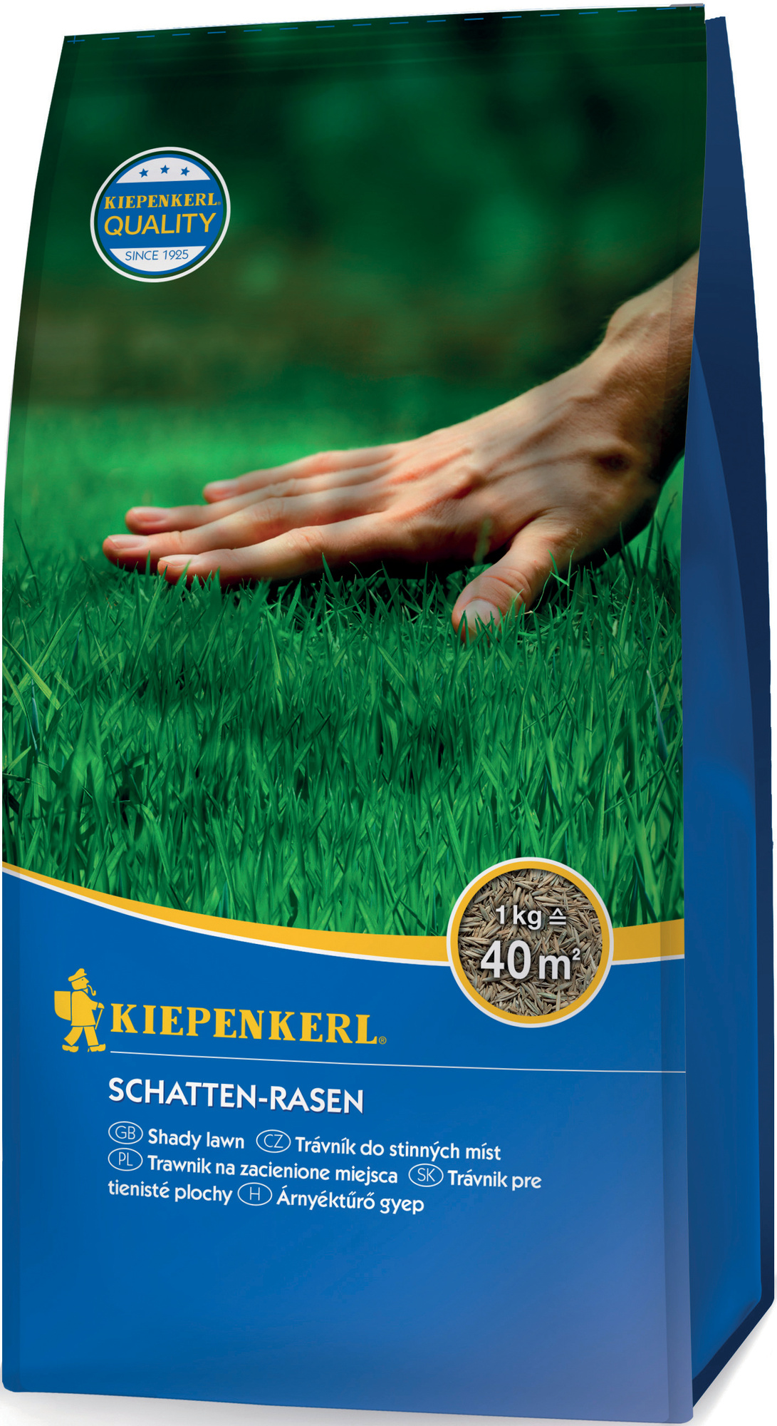 Hand schneidet Schattenrasen auf grüner Rasenfläche, Verpackung mit Blattschrift und Logo.