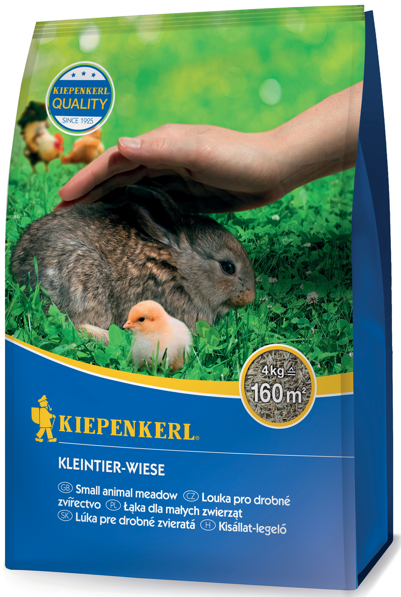 Pappepackung mit einem Hasen- und Kükenbild, Hand, Graslandschaft, KIEPENKERL Logo, Gewicht 4 kg, Fläche 160 m².